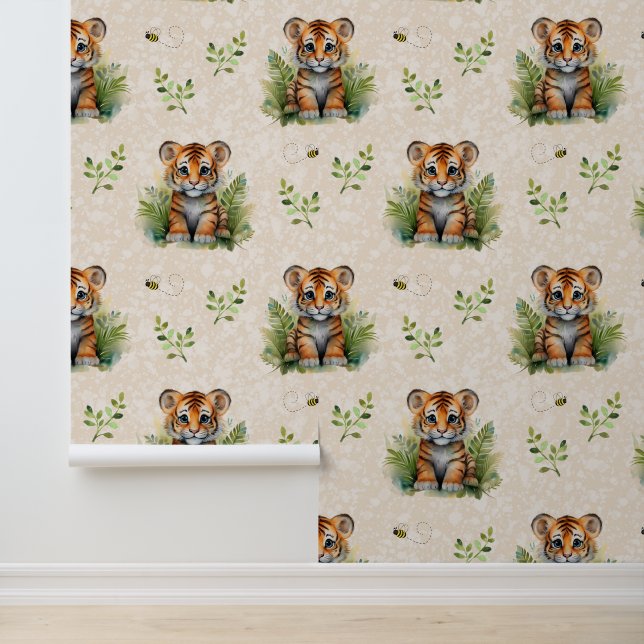 Safari Animals Baby Tiger Cub Grüne auf Cream Tapete (Anwendung)