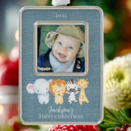 Safari Animals Baby's First Christmas Foto Rahmen-Ornament Silber