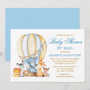 Safari Animals Balloon Blue Bow Dusche by Mail Einladung