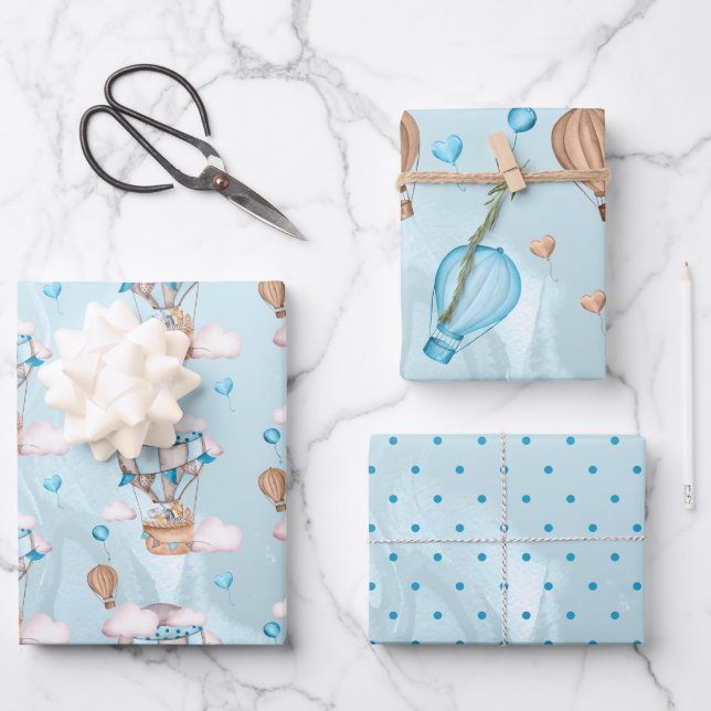 Safari Animals Balloons Blue Boy Baby Dusche Geschenkpapier Set (Vorderseite)