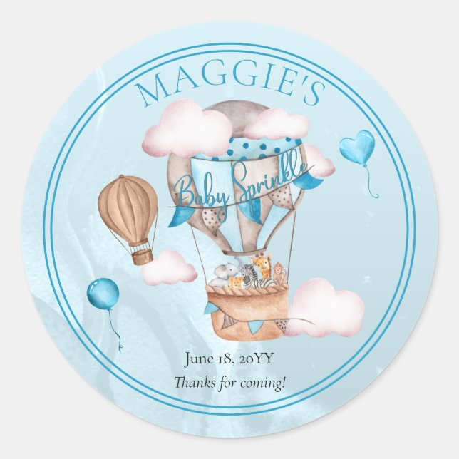 Safari Animals Balloons Blue Boy Baby Sprinkle Runder Aufkleber (Vorderseite)