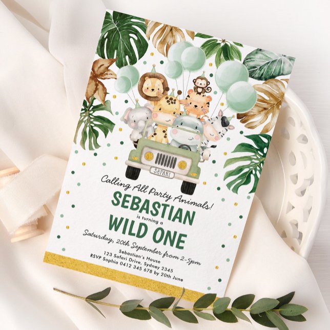 Safari Animals Balloons Wild One Birthday Party Folieneinladung (Von Creator hochgeladen)