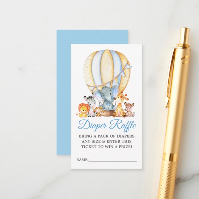 Safari Animals Blue Balloon Dusche Windeln Raffle Begleitkarte (Vorderseite/Rückseite Beispiel)