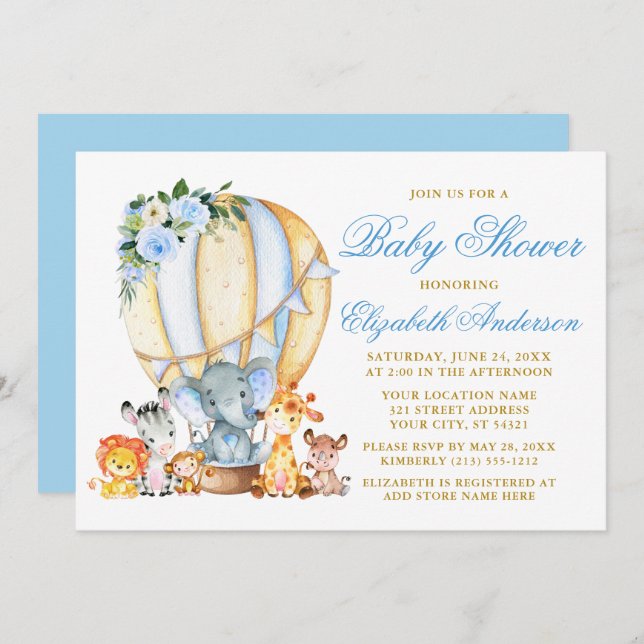 Safari Animals Blue Floral Air Ballon Babydusche Einladung (Vorne/Hinten)
