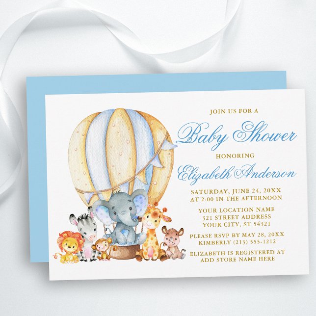 Safari Animals Blue Hot Air Ballon Babydusche Einladung (Customize to change text color, size, text style or change color of back of card.)