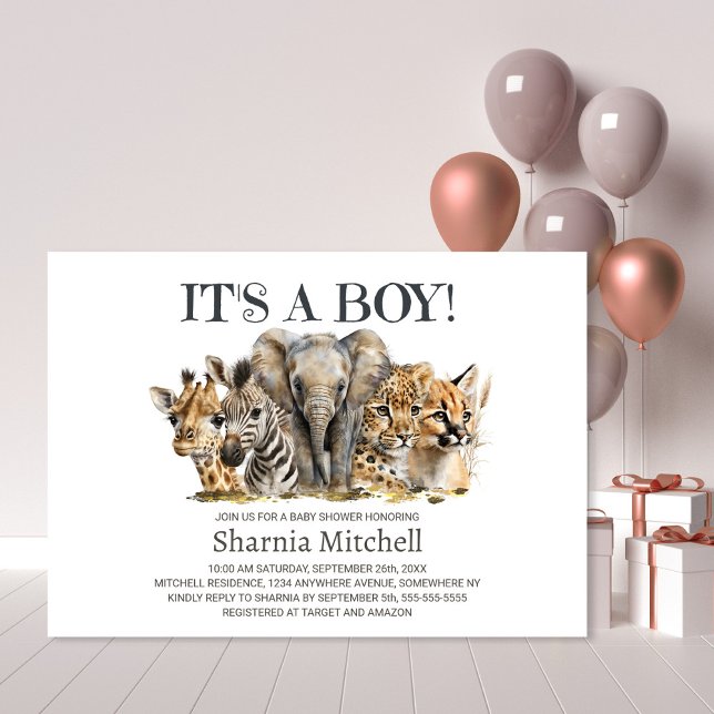 Safari Animals Boy Baby Shower Einladung (Von Creator hochgeladen)