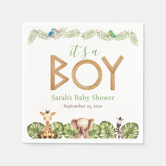 Safari Animals Boy Baby Shower Wood Jungle Blätter Serviette (Vorderseite)