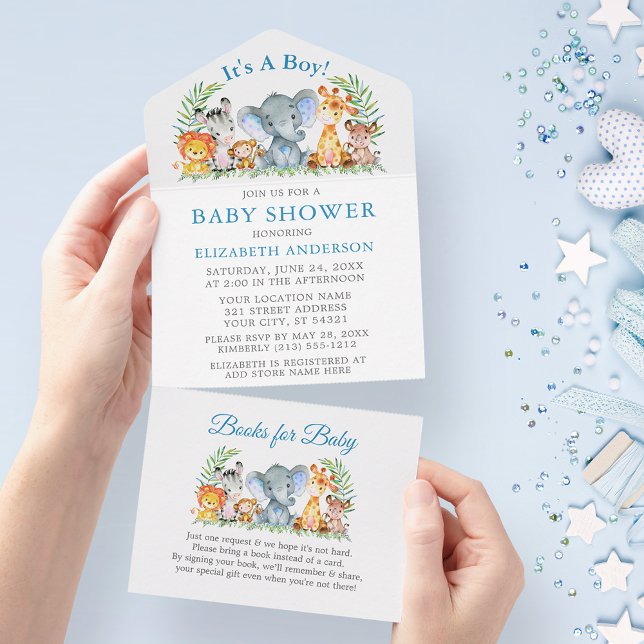 Safari Animals Boy Blue Baby Dusche und Bücher All In One Einladung (All In One Baby Shower Invitation with Books for Baby tear off card.)