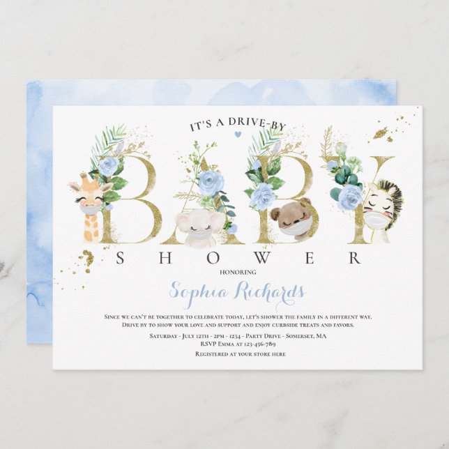 Safari Animals Drive by Baby Shower Green Blue Einladung (Vorne/Hinten)