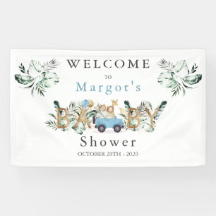 Safari Animals Drive by Baby Shower Green Gold Banner