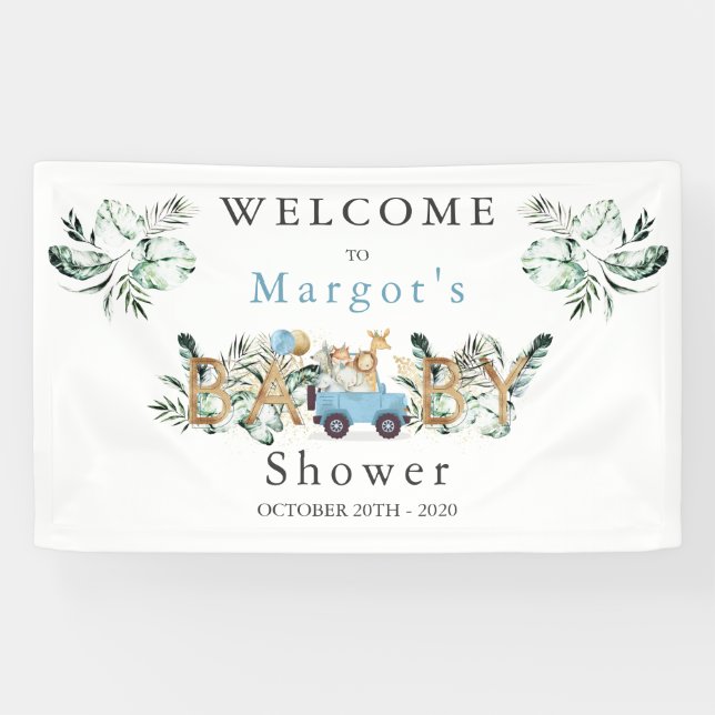 Safari Animals Drive by Baby Shower Green Gold Banner (Horizontal)