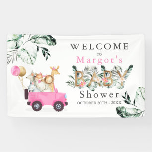 Safari Animals Drive by Baby Shower Green Gold Banner