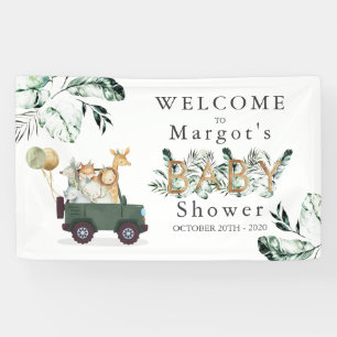 Safari Animals Drive by Baby Shower Green Gold Banner