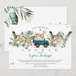 Safari Animals Drive by Baby Shower Green Gold Einladung