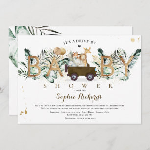Safari Animals Drive by Baby Shower Green Gold Einladung