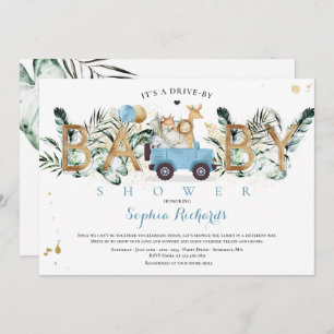 Safari Animals Drive by Baby Shower Green Gold Einladung