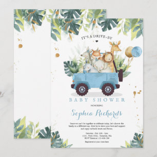 Safari Animals Drive by Baby Shower Green Gold Einladung