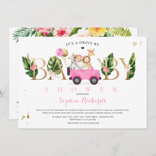 Safari Animals Drive by Baby Shower Green Gold Einladung (Vorne/Hinten)