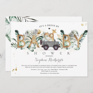 Safari Animals Drive by Baby Shower Green Gold Einladung