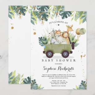 Safari Animals Drive by Baby Shower Green Gold Einladung