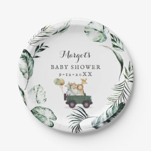 Safari Animals Drive by Baby Shower Green Gold Pappteller
