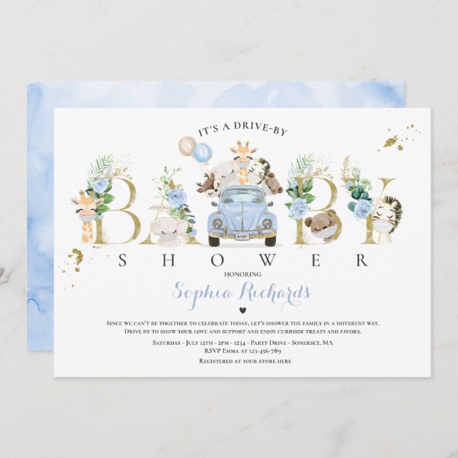Safari Animals Drive by Baby Shower Greenerity Gol Einladung (Vorne/Hinten)