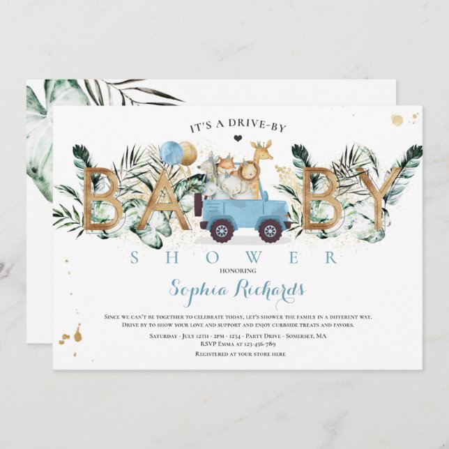 Safari Animals Drive by Baby Shower Greenerity Gol Einladung (Vorne/Hinten)