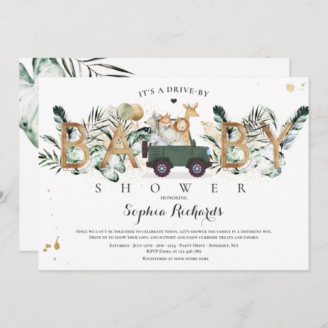 Safari Animals Drive by Baby Shower Greenerity Gol Einladung (Vorne/Hinten)