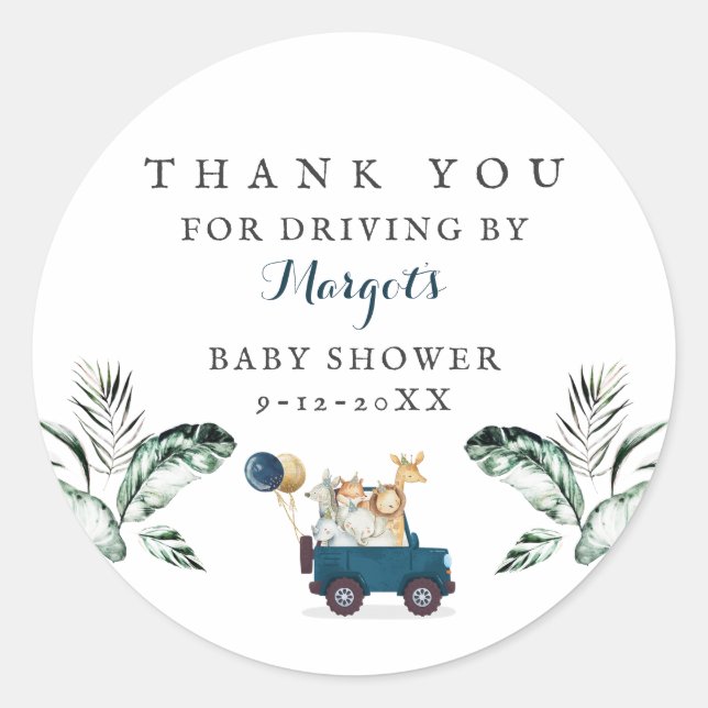 Safari Animals Drive by Baby Shower Greenerity Gol Runder Aufkleber (Vorderseite)