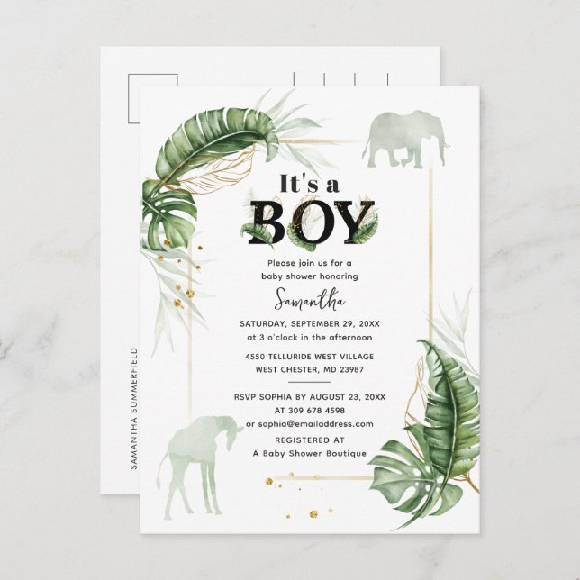 Safari Animals Elephant Boy Baby Shower Einladungspostkarte (Vorne/Hinten)