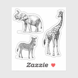 Safari Animals Elephant Giraffe Zebra Vintage Look Aufkleber