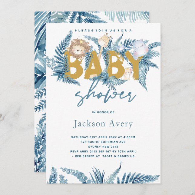 Safari Animals Exotic Baby Dusche Einladung (Vorne/Hinten)