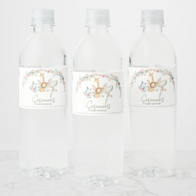 Safari Animals Floral Baby Shower  Wasserflaschenetikett (Flaschen)