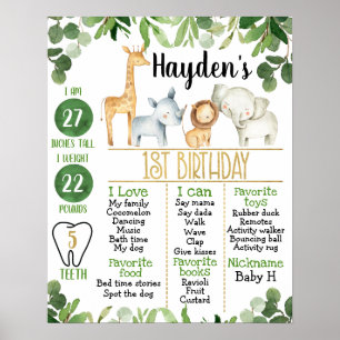 Safari Animals Foilage 1. Geburtstag Meilenstein Poster