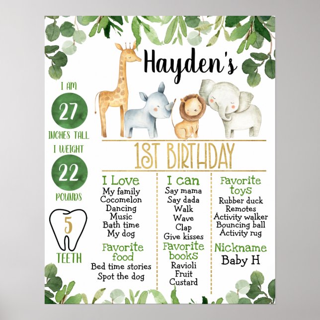 Safari Animals Foilage 1. Geburtstag Meilenstein Poster (Vorne)