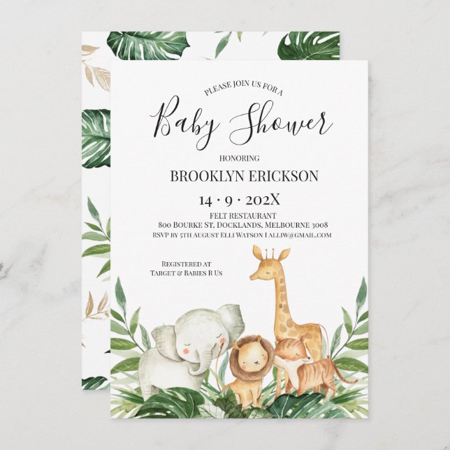 Safari Animals Foliage Baby Dusche Einladung (Vorne/Hinten)