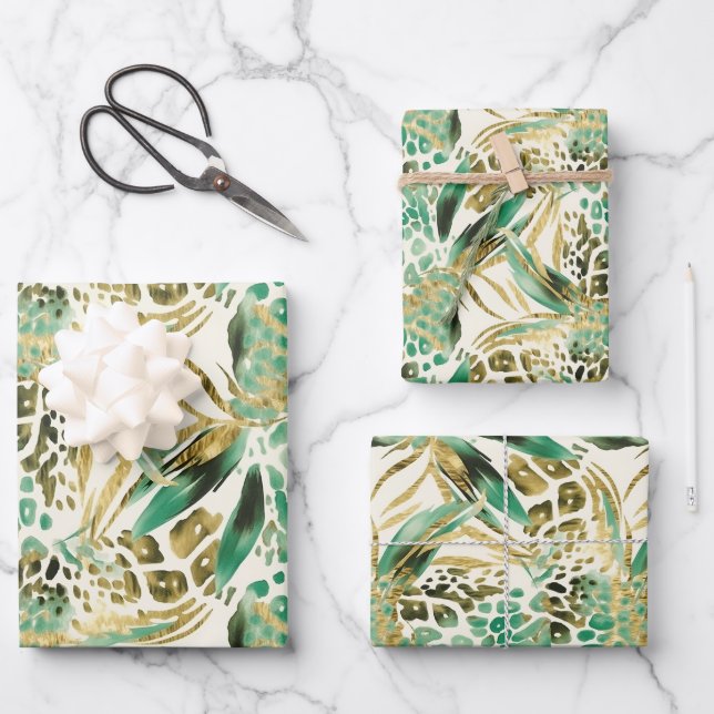 Safari Animals' Fur Prints Muster grün und Gold Geschenkpapier Set (Vorderseite)