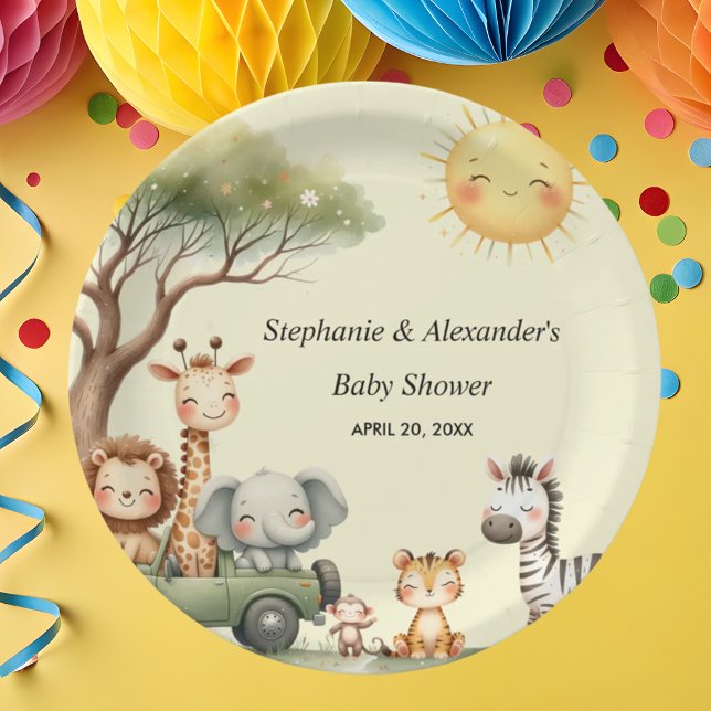 Safari animals gender neutral baby shower round pappteller (Von Creator hochgeladen)
