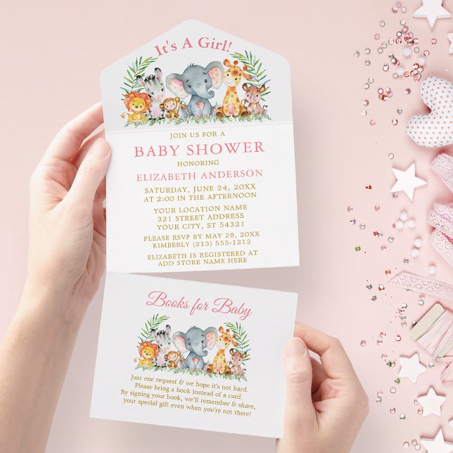 Safari Animals Girl Pink Kinderdusche und Bücher All In One Einladung (All In One Baby Shower Invitation with Books for Baby tear off card.)