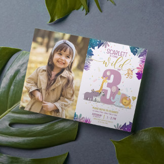 Safari Animals Girl Young Wild & 3 Foto Geburtstag Einladung
