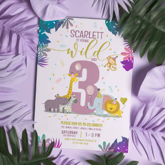 Safari Animals Girls Young Wild und Three Birthday Einladung