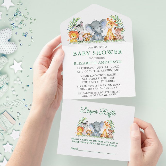 Safari Animals Green Baby Shower und Raffle All In One Einladung (All In One Baby Shower Invitation with Diaper Raffle tear off card.)