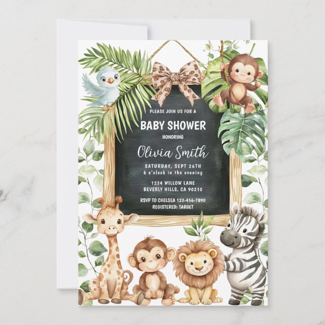  Safari Animals Greenery Baby Shower Einladung (Vorderseite)