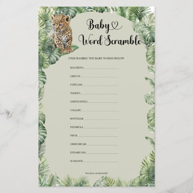 Safari Animals Greenery Baby Word Scramble-Spiel (Vorderseite)
