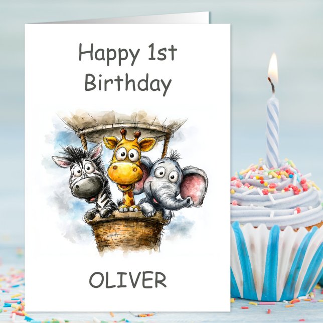 Safari Animals in Hot Air Balloon 1st Birthday Karte (Von Creator hochgeladen)