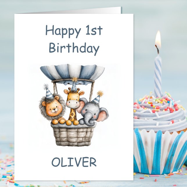 Safari Animals in Hot Air Balloon 1st Birthday Karte (Von Creator hochgeladen)