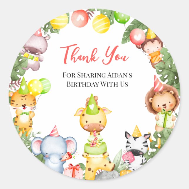 Safari Animals Kids Party Vielen Dank Runder Aufkleber (Vorderseite)