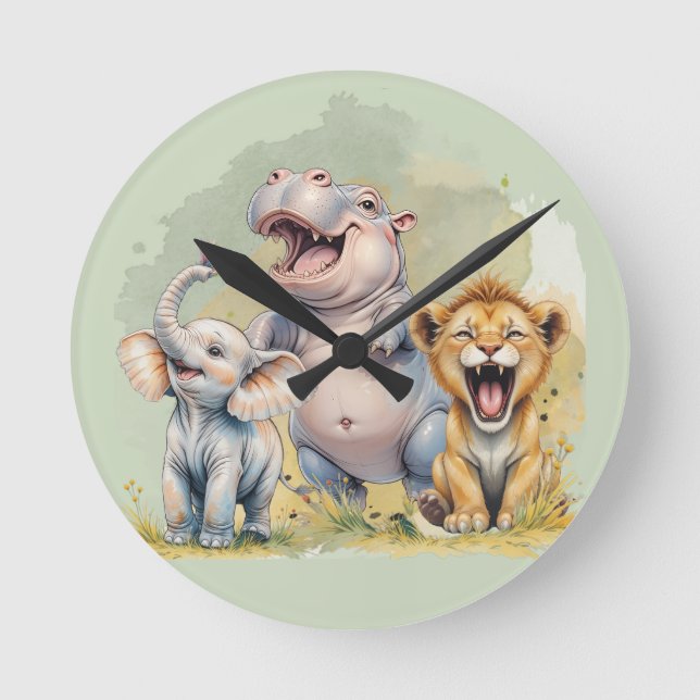 Safari Animals Lion Hippo Elephant Runde Wanduhr (Vorderseite)