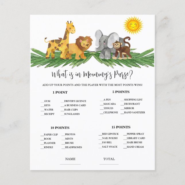 Safari Animals Mummy's Purse Baby Shower Game (Vorderseite)