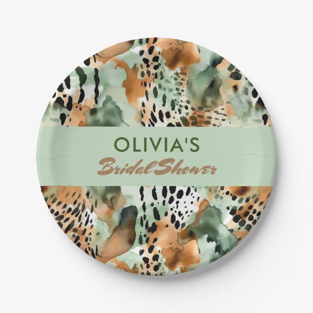 Safari Animals' Pelzmuster Sage Green Beige Pappteller (Vorderseite)